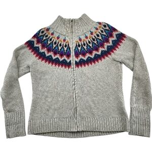 Chaps Fair Isle Cardigan Women L Gray Multicolor Nordic Chunky Knit Zip Sweater